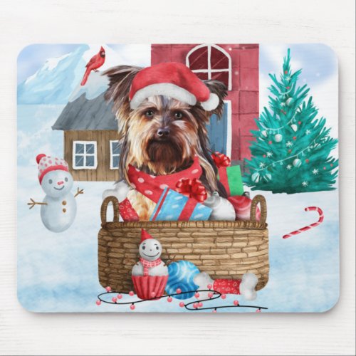 Yorkshire Terrier Dog In snow Christmas Dog House Mouse Pad