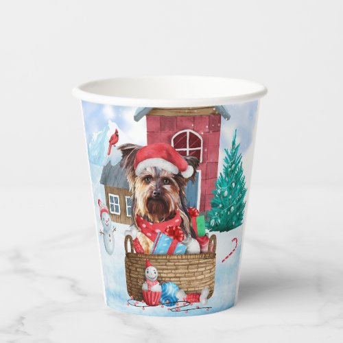 Yorkshire Terrier Dog In snow Christmas Dog House Paper Cups