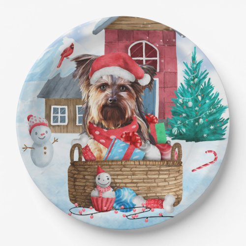 Yorkshire Terrier Dog In snow Christmas Dog House Paper Plates