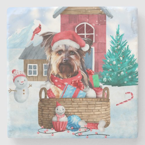 Yorkshire Terrier Dog In snow Christmas Dog House Stone Coaster