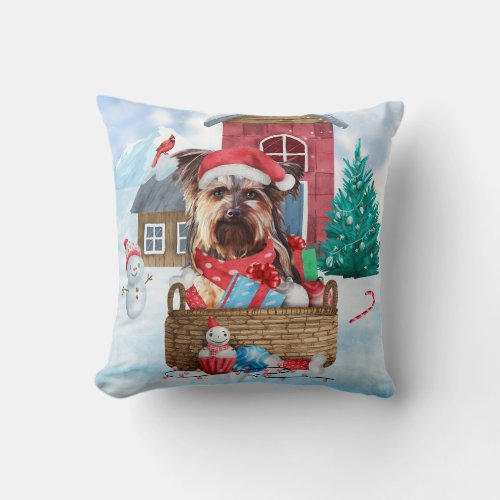 Yorkshire Terrier Dog In snow Christmas Dog House Throw Pillow