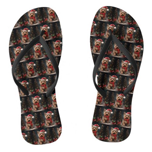 Yorkshire Terrier Dog in Snow Christmas Flip Flops