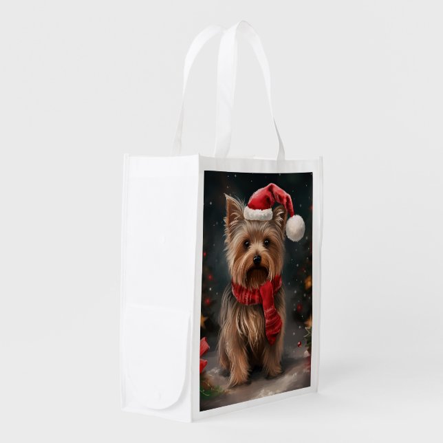 Yorkshire Terrier Dog in Snow Christmas Grocery Bag (Front Side)