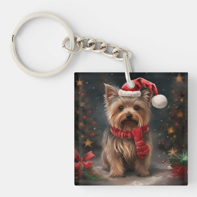 Yorkshire Terrier Dog in Snow Christmas Keychain (Front)