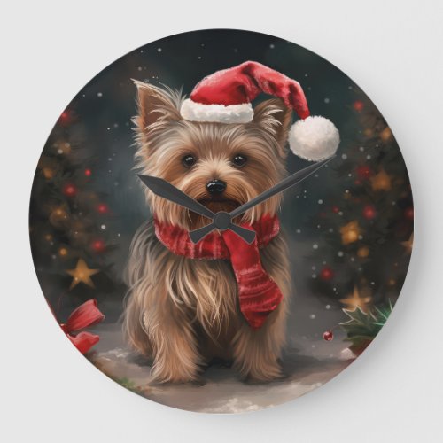 Yorkshire Terrier Dog in Snow Christmas Large Clock