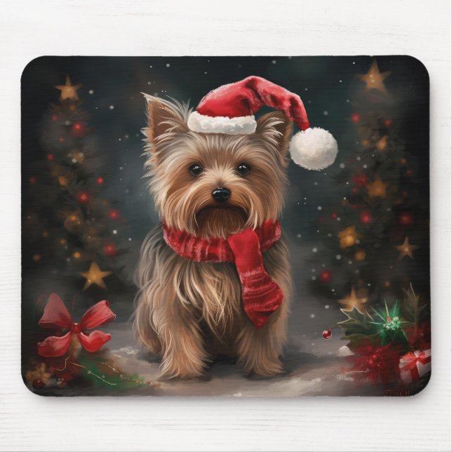 Yorkshire Terrier Dog in Snow Christmas Mouse Pad (Front)