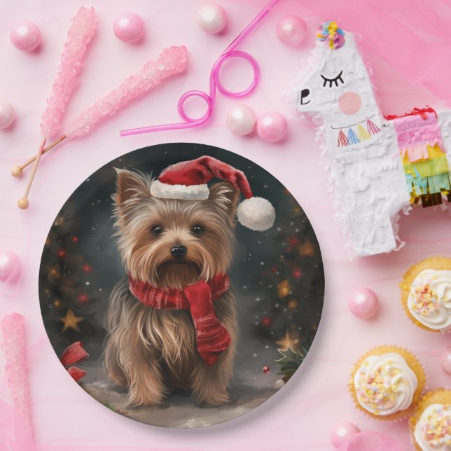 Yorkshire Terrier Dog in Snow Christmas Paper Plates (Party)