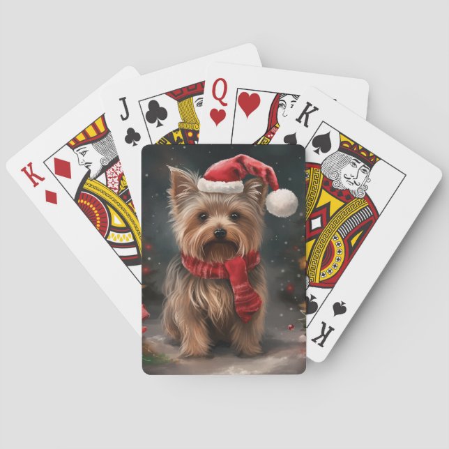 Yorkshire Terrier Dog in Snow Christmas Poker Cards (Back)