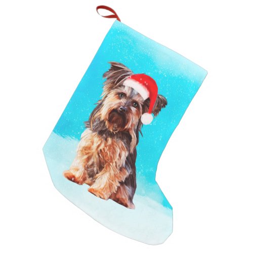 Yorkshire Terrier Dog In Snow Christmas Santa Hat Small Christmas Stocking