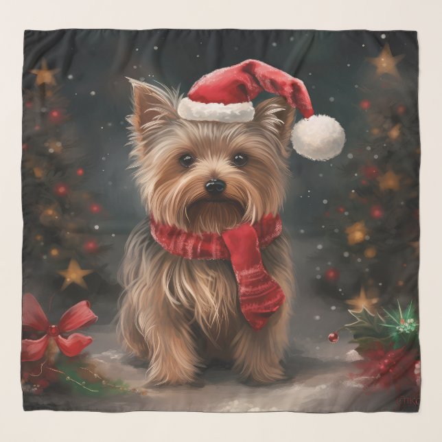 Yorkshire Terrier Dog in Snow Christmas Scarf (Front)