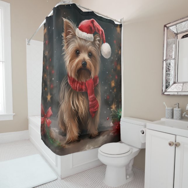 Yorkshire Terrier Dog in Snow Christmas Shower Curtain (In Situ)