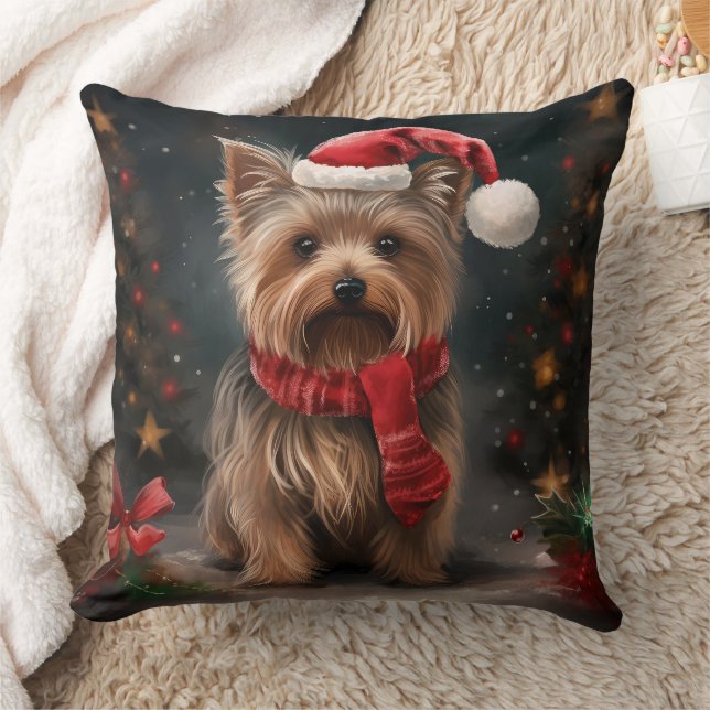 Yorkshire Terrier Dog in Snow Christmas Throw Pillow (Blanket)