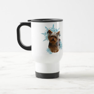 Yorkshire Terrier Dog in the Snowflakes Travel Mug
