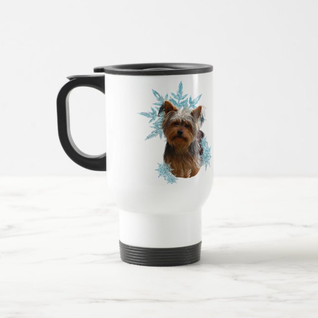 Yorkshire Terrier Dog in the Snowflakes  Travel Mug (Left)