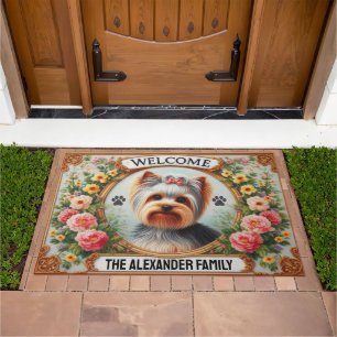 Yorkshire Terrier Dog Mat, Floral Yorkie Welcome Doormat