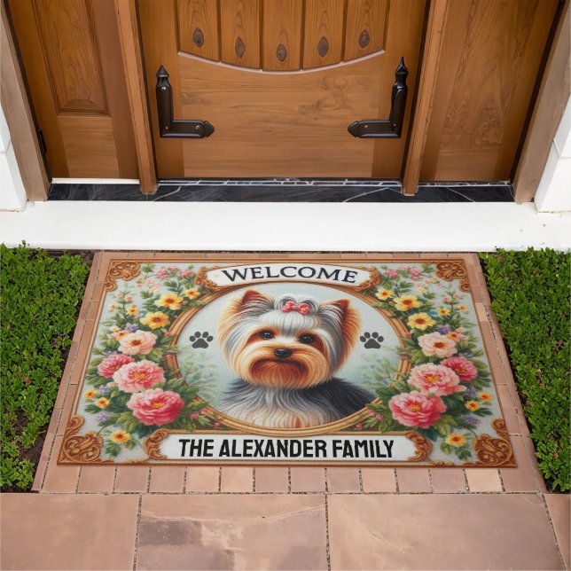 Yorkshire Terrier Dog Mat, Floral Yorkie Welcome Doormat (Outdoor)