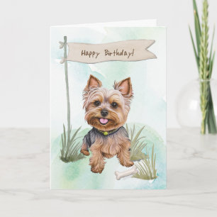 Yorkshire Terrier Dog Outdoors Under Birthday Sign Card