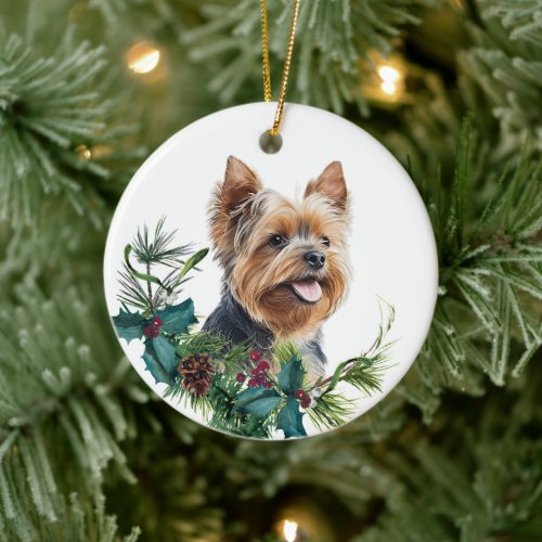 Yorkshire Terrier Dog Portrait Holly Wreath Ceramic Ornament