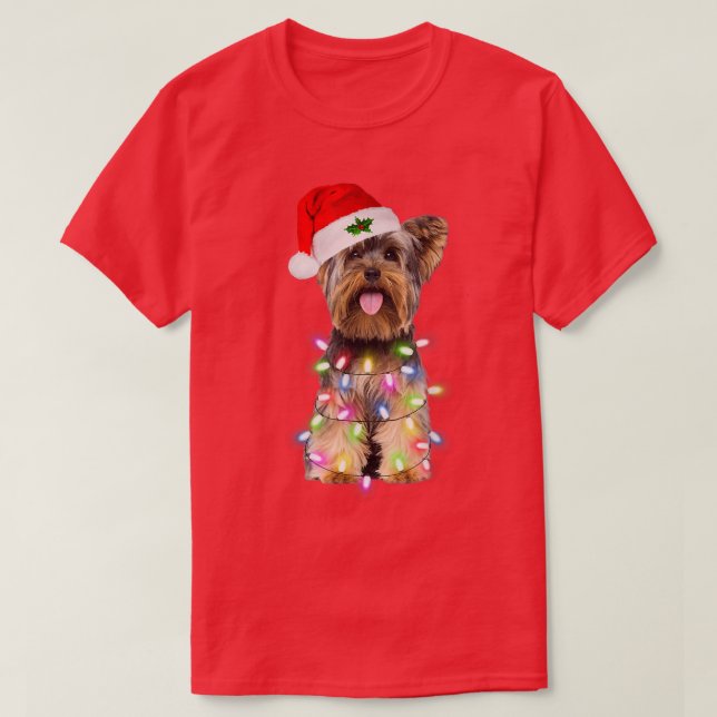 Yorkshire Terrier dog Santa Christmas Tree Lights  T-Shirt (Design Front)