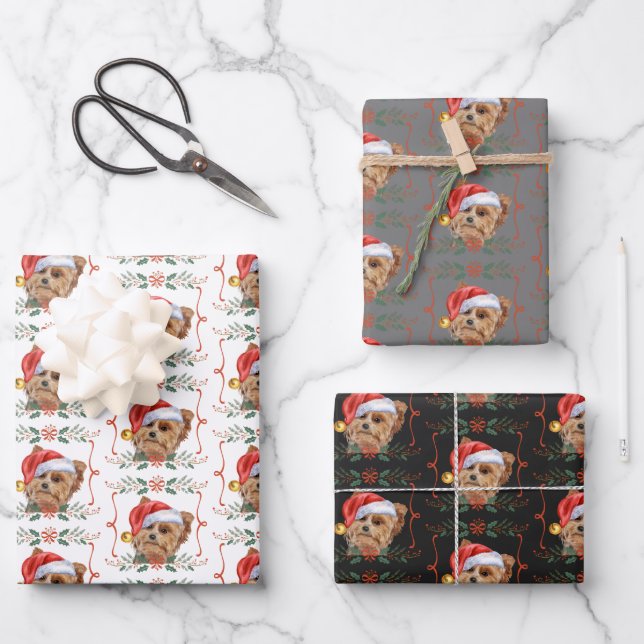 Yorkshire Terrier Dog Santa Christmas Wrapping Paper Sheets (Front)