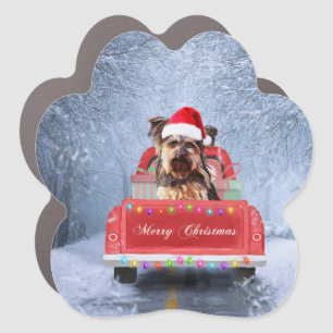 Yorkshire Terrier Dog Snow sitting in Christmas Car Magnet