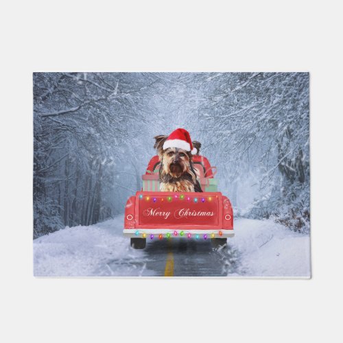  Yorkshire Terrier Dog Snow sitting in Christmas  Doormat
