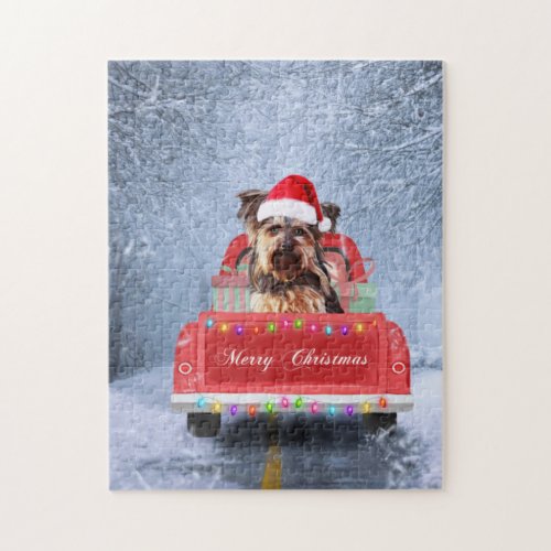  Yorkshire Terrier Dog Snow sitting in Christmas  Jigsaw Puzzle