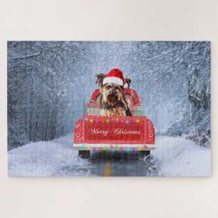 Yorkshire Terrier Dog Snow sitting in Christmas Jigsaw Puzzle