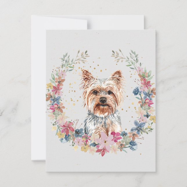 Yorkshire Terrier Dog Spring Flowers Monogram Note Card (Front)