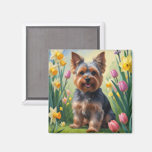 Yorkshire Terrier Dog Spring Flowers Painting  Magnet