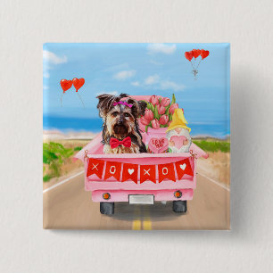 Yorkshire Terrier Dog Valentine's Day Truck Hearts Button