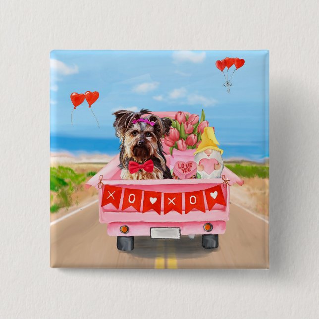 Yorkshire Terrier Dog Valentine's Day Truck Hearts Button (Front)