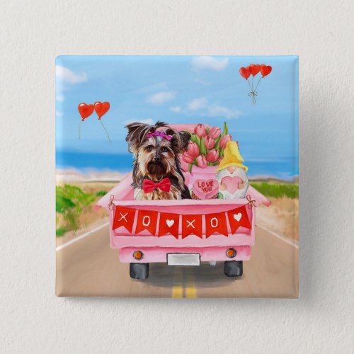 Yorkshire Terrier Dog Valentines Day Truck Hearts Button