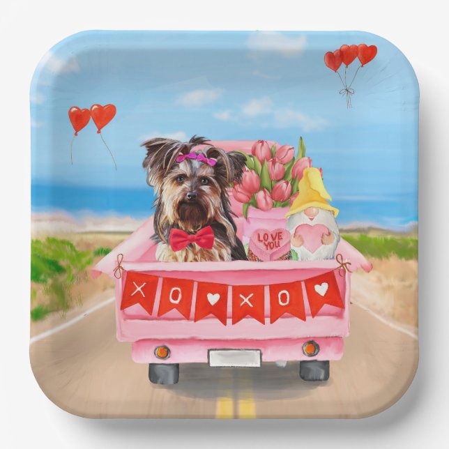 Yorkshire Terrier Dog Valentine's Day Truck Hearts Paper Plates (Front)