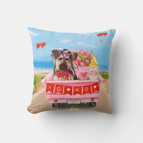 Yorkshire Terrier Dog Valentines Day Truck Hearts Throw Pillow