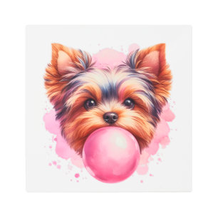 Yorkshire Terrier Dog w Pink Bubblegum Watercolor Metal Print