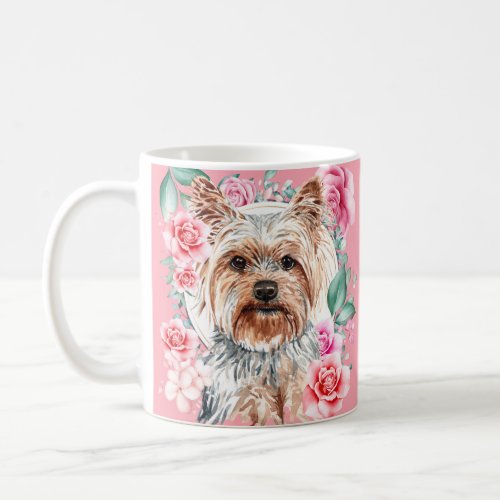 Yorkshire terrier dog watercolor rose floral art coffee mug