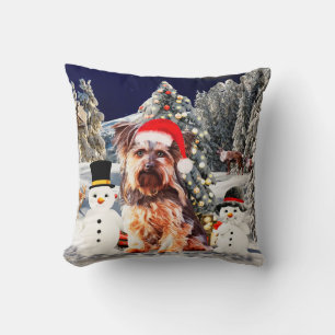 Yorkshire Terrier Dog with Christmas Santa Hat Throw Pillow