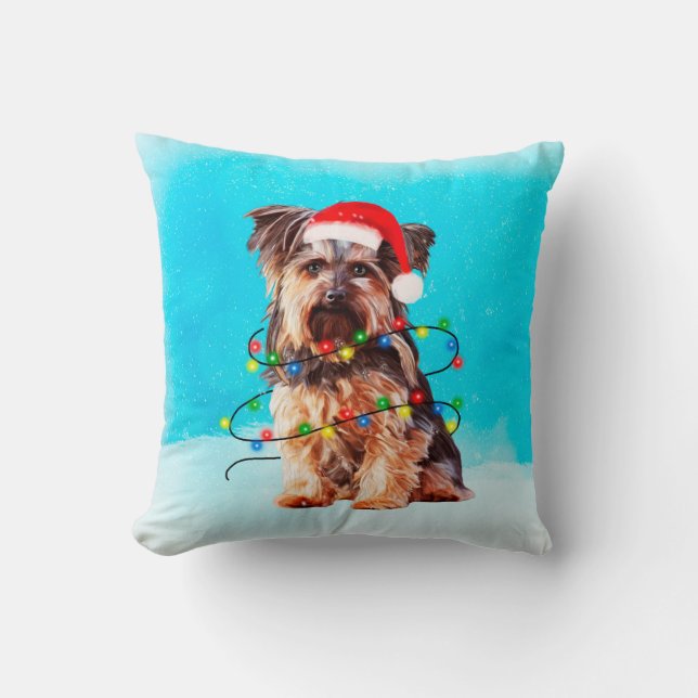 Yorkshire Terrier Dog with Christmas Santa Hat Throw Pillow (Front)