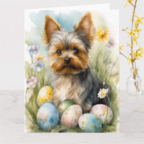 Yorkshire Terrier Dog With Easter Eggs Holiday  Card