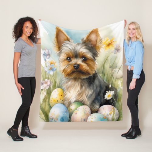 Yorkshire Terrier Dog With Easter Eggs Holiday  Fleece Blanket