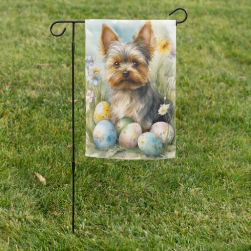 Yorkshire Terrier Dog With Easter Eggs Holiday  Garden Flag