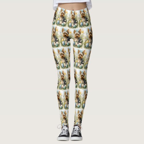 Yorkshire Terrier Dog With Easter Eggs Holiday  Leggings
