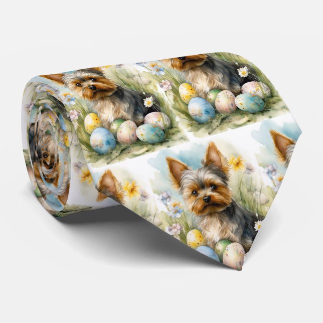 Yorkshire Terrier Dog With Easter Eggs Holiday  Neck Tie (Rolled)
