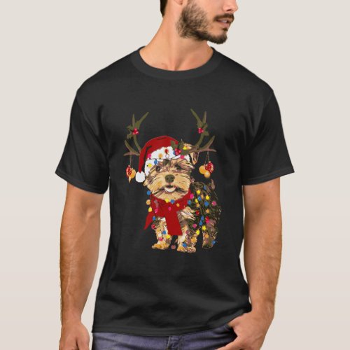 Yorkshire Terrier Dog With Reindeer Horn Funny Chr T_Shirt
