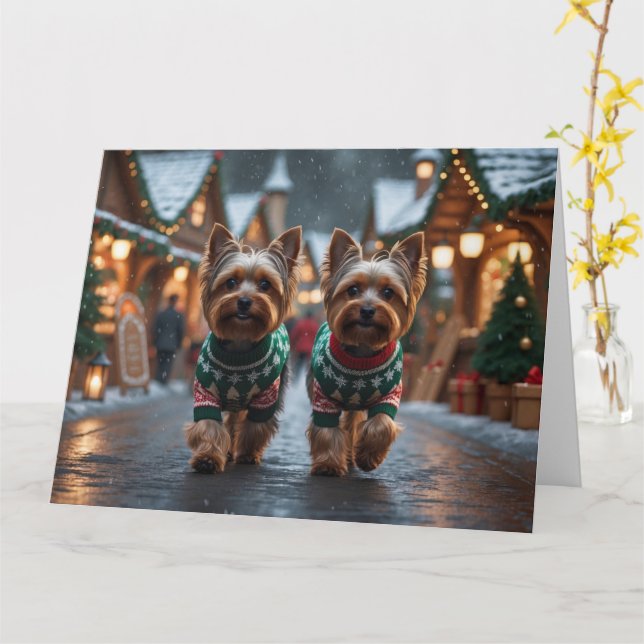 Yorkshire Terrier Dogs Christmas Snow Holiday  Card (Yellow Flower)