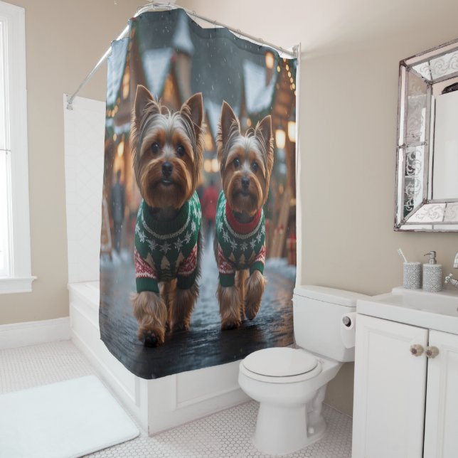 Yorkshire Terrier Dogs Christmas Snow Holiday  Shower Curtain (In Situ)