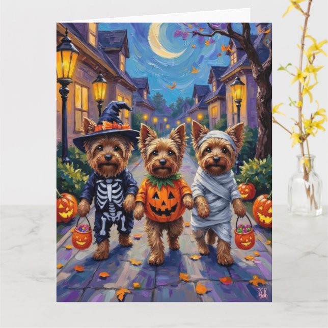 Yorkshire Terrier Dogs in Halloween Costumes Card (Yellow Flower)