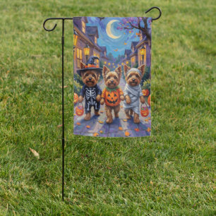 Yorkshire Terrier Dogs in Halloween Costumes Garden Flag