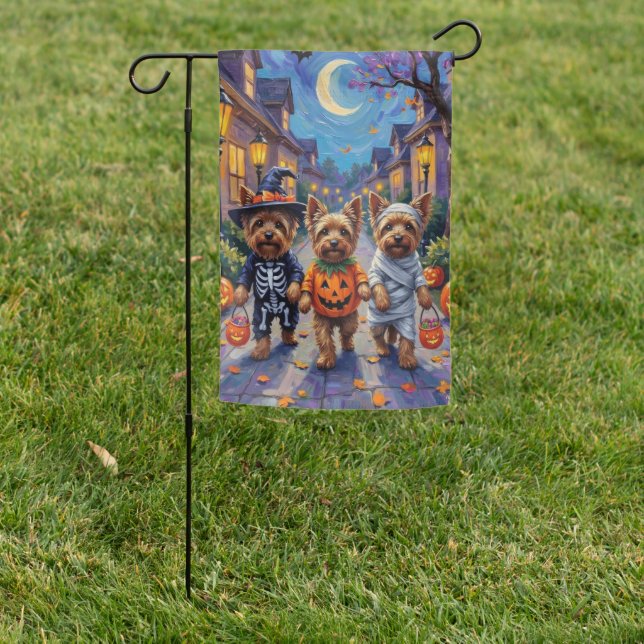 Yorkshire Terrier Dogs in Halloween Costumes Garden Flag (In SItu)